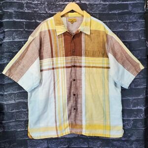 Koman Jeans Button Up Shirt Mens 3XL Red Yellow Plaid Short Sleeve Casual Beachy